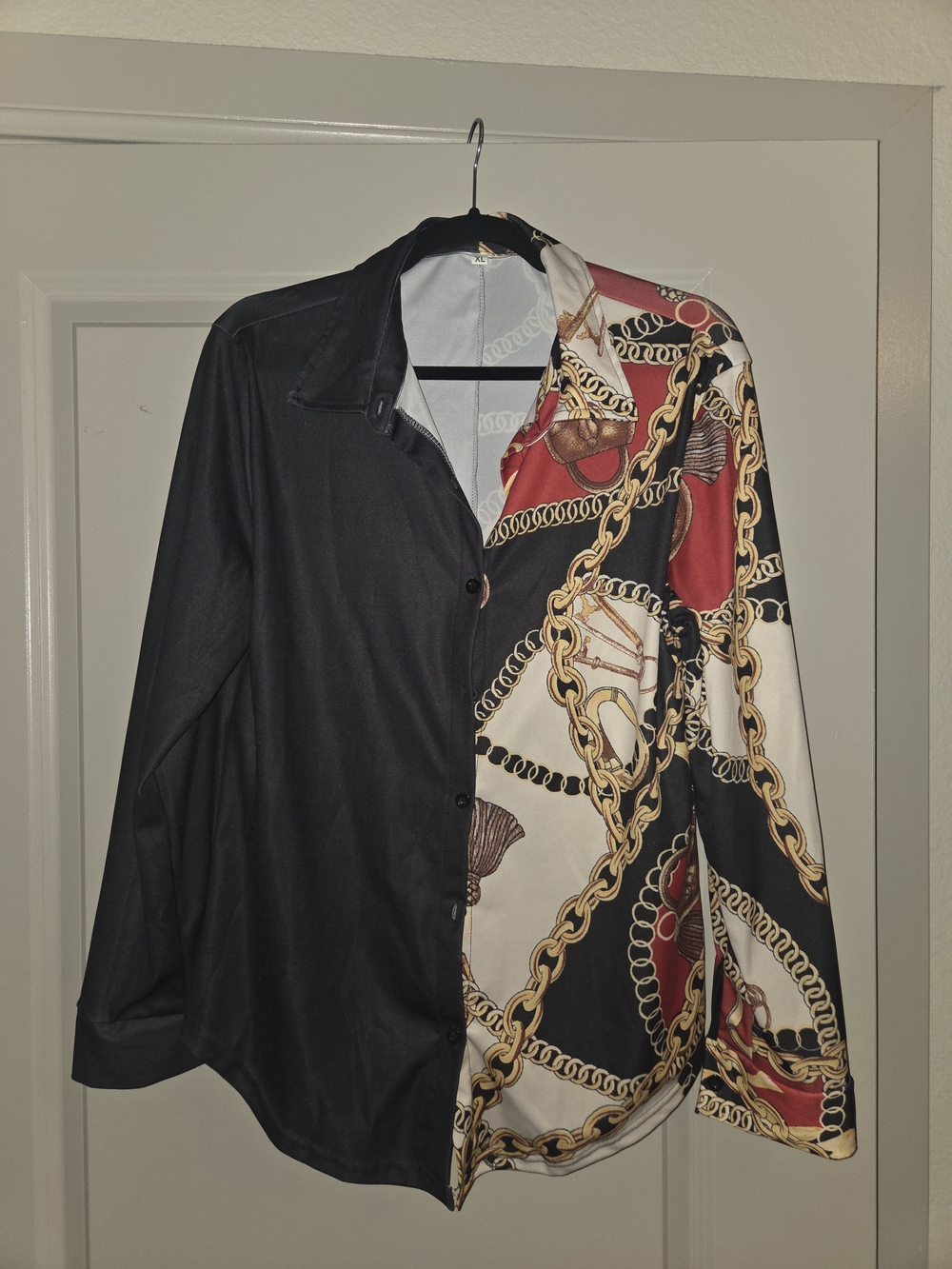 Two-Tone Chain Print Button-Up Shirt - Black & Red